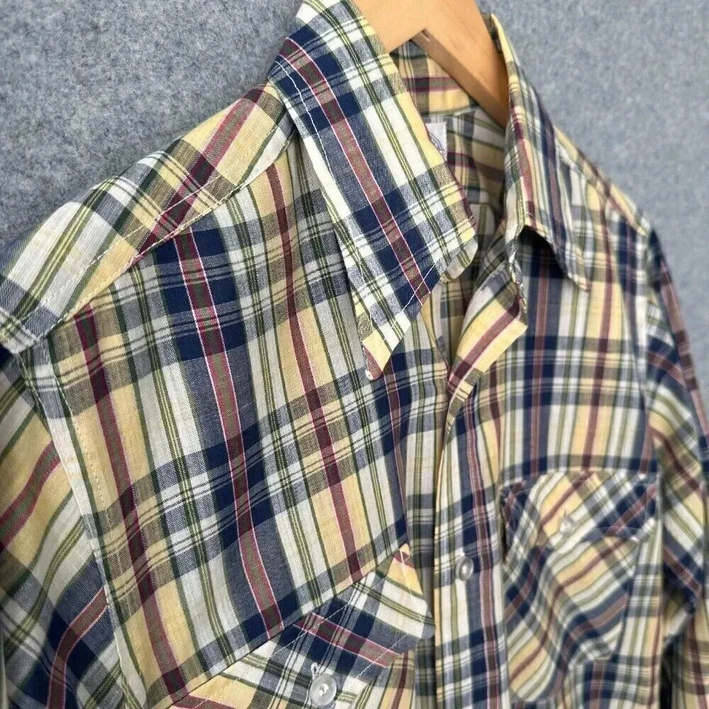 Vintage LEVI'S Shirt Mens S / M Long Sleeve Yellow Blue Plaid 70s 80s Button Up - Picture 4 of 11